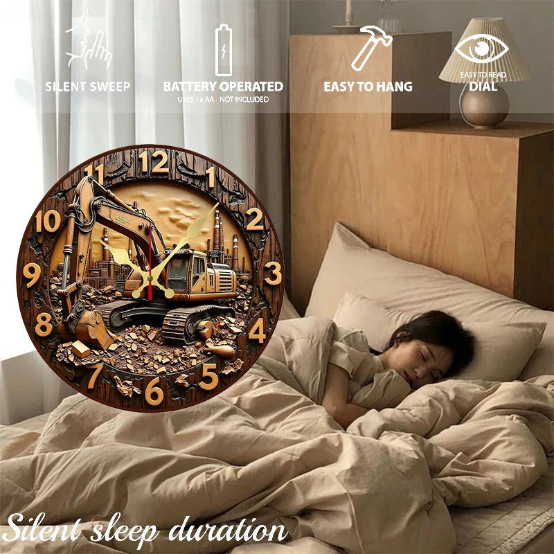 Excavator Industrial Wooden Round Silent Hanging Wall Clock, Suitable For Living Room,Office,Study Room,Bedroom, Home Decoration