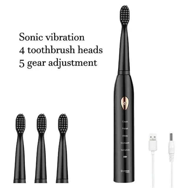 Sonic Electric Toothbrush For Adult Black White Whitening Timer Soft Hair IPX7 Waterproof 5-gear Mode USB Charging Teeth Brush