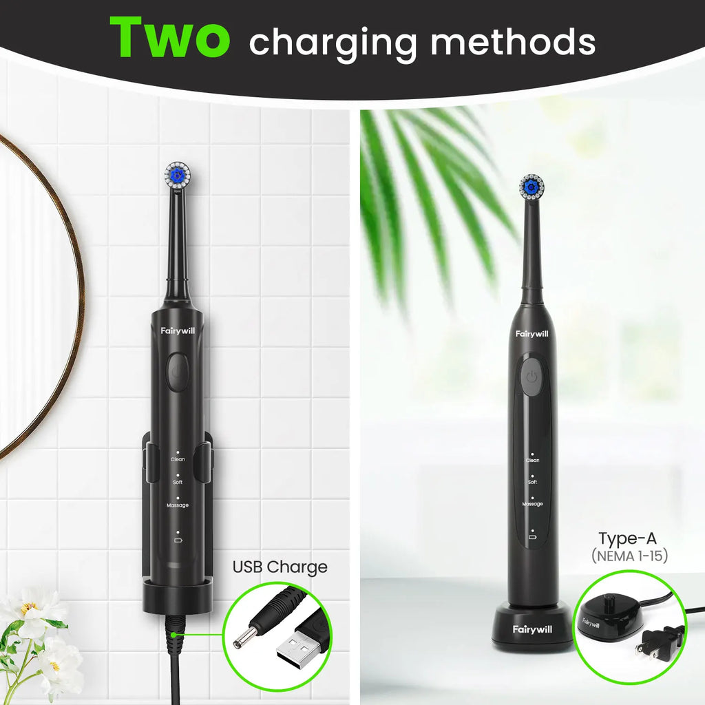Fairywill Electric Toothbrush T2233Powerful Rotation Cleaning 4 Replacement Heads Rechargeable Sonic Toothbrush for Adults