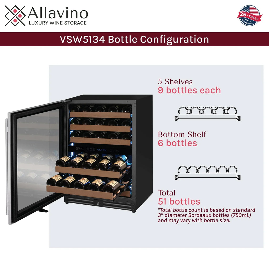Allavino Reserva Series 51 Bottle Undercounter Wine Refrigerator Cooler with Stainless Steel Door