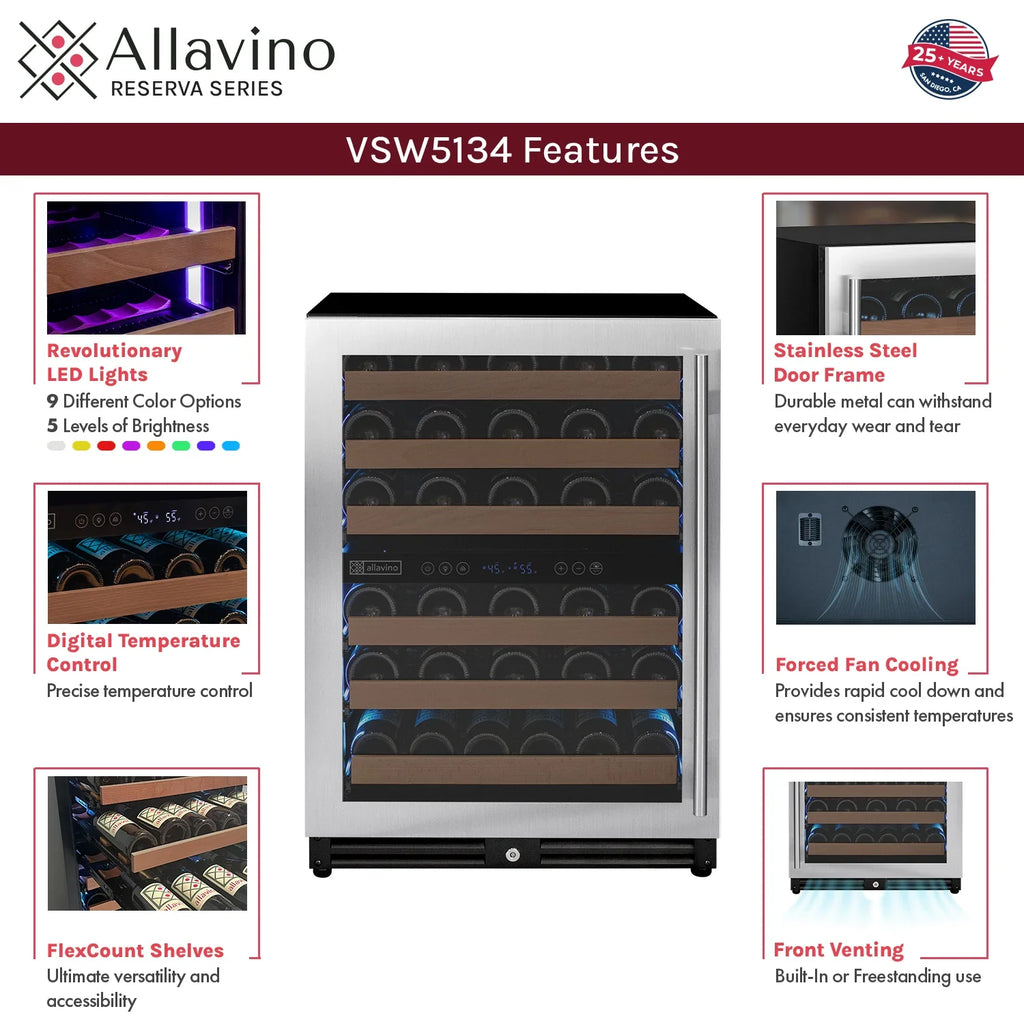 Allavino Reserva Series 51 Bottle Undercounter Wine Refrigerator Cooler with Stainless Steel Door