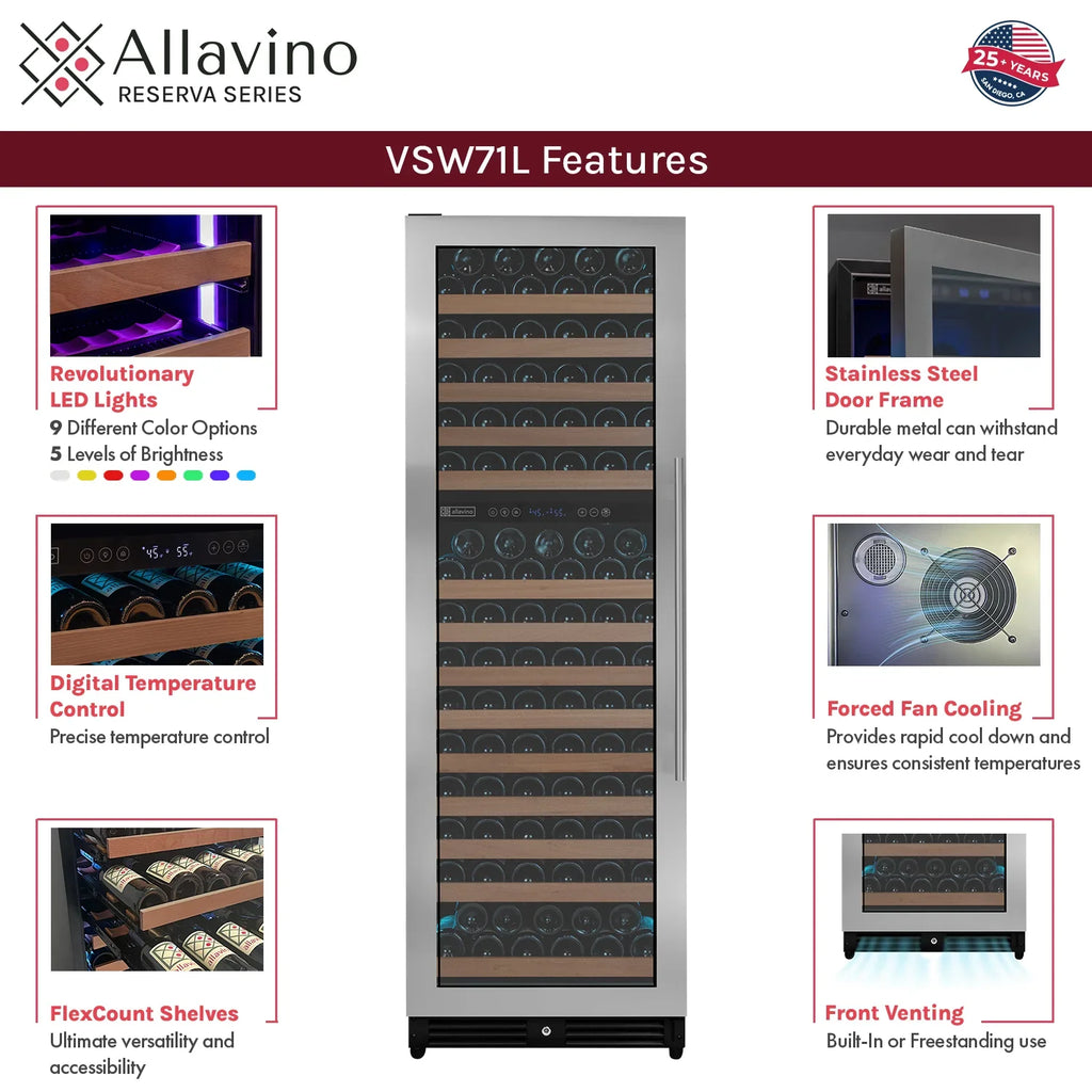 Allavino Reserva Series 172 Bottle Dual Zone Built-in Wine Refrigerator with Stainless Steel Door