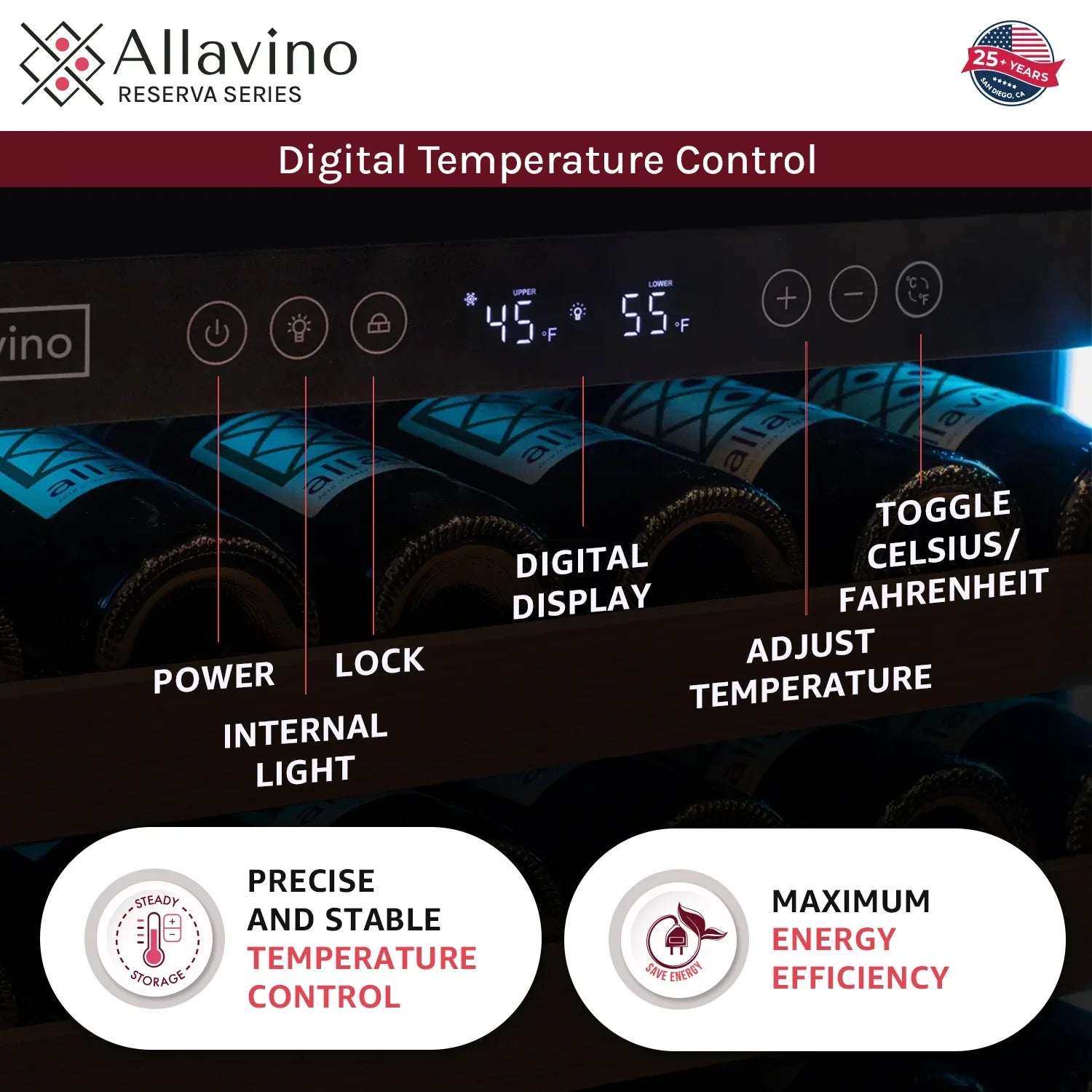 Allavino Reserva Series 172 Bottle Dual Zone Built-in Wine Refrigerator with Stainless Steel Door