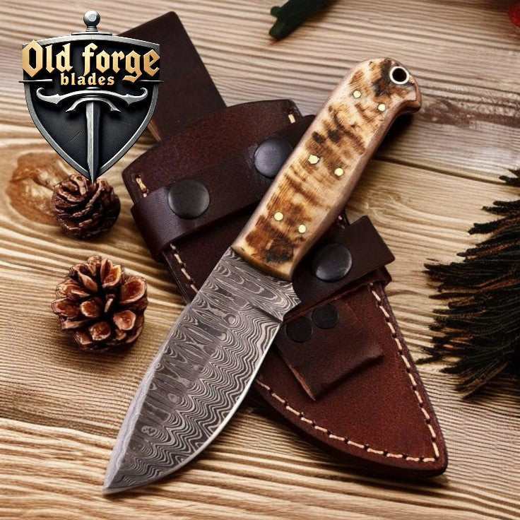 Handmade Damascus Hunting Knife with Sheep Horn Handle