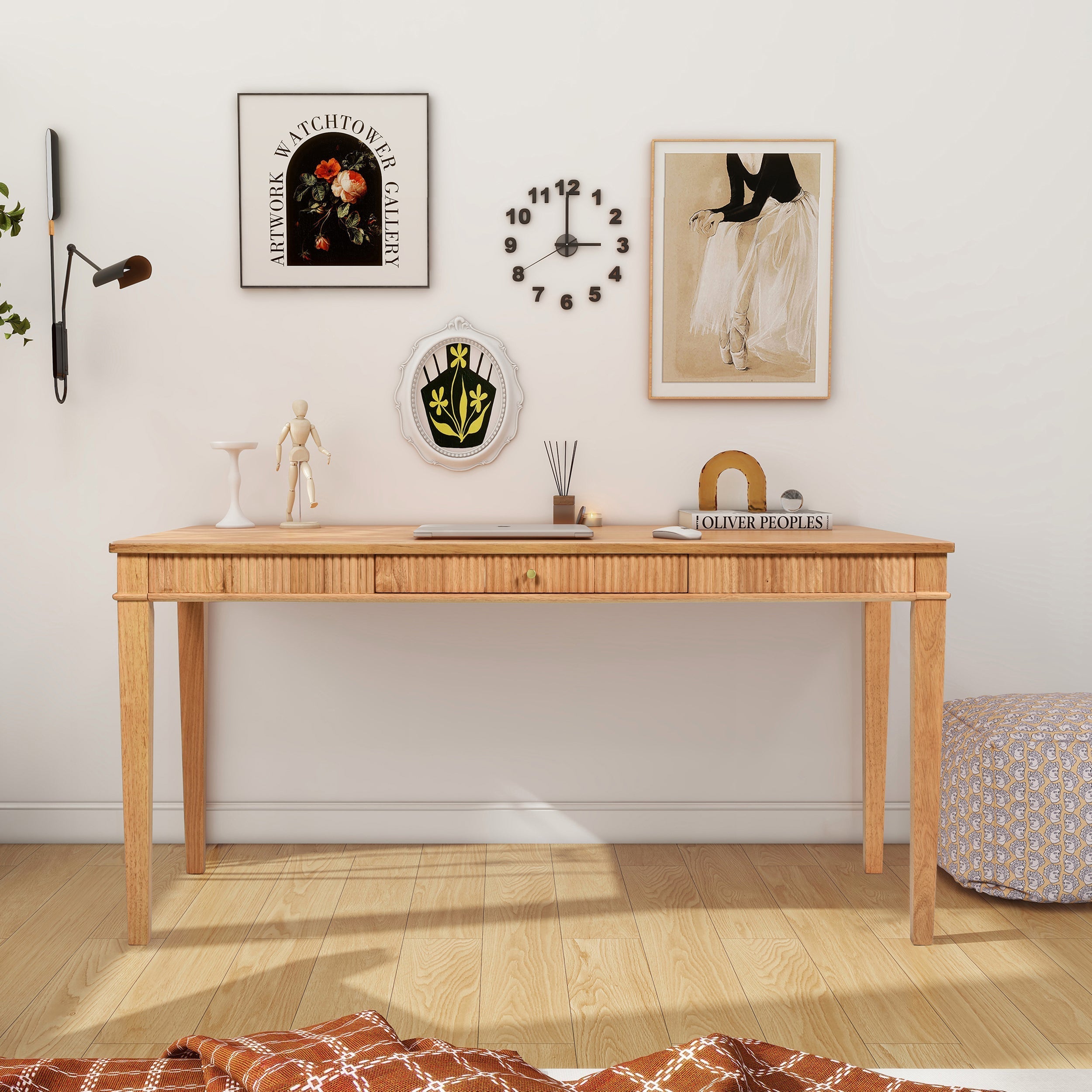 Dumont Modern Farmhouse 1-Drawer Fluted Home Office Writing Desk, Natural Blonde Solid Rubberwood & Rubberwood Veneer