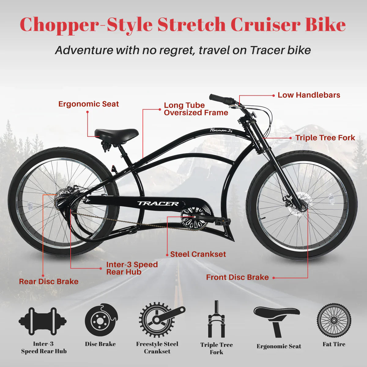 Tracer Harman 3i 26'' Vintage Internal 3-Speed Chopper Stretch Fat Tire Bike