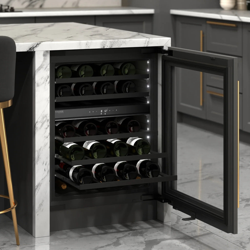 KoolMore Reserve 24 in. Under-Counter Panel Ready Dual Zone Built-in Wine Cooler and 45 Bottle Capacity in Black