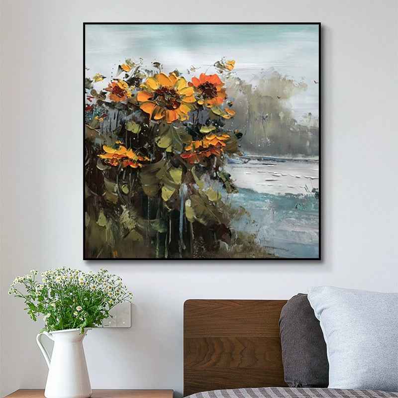 Abstract Countryside Oil Painting Hand Painted Rural Landscape With Sunflower Flowers Canvas Wall Art For Home Dining Room Decor