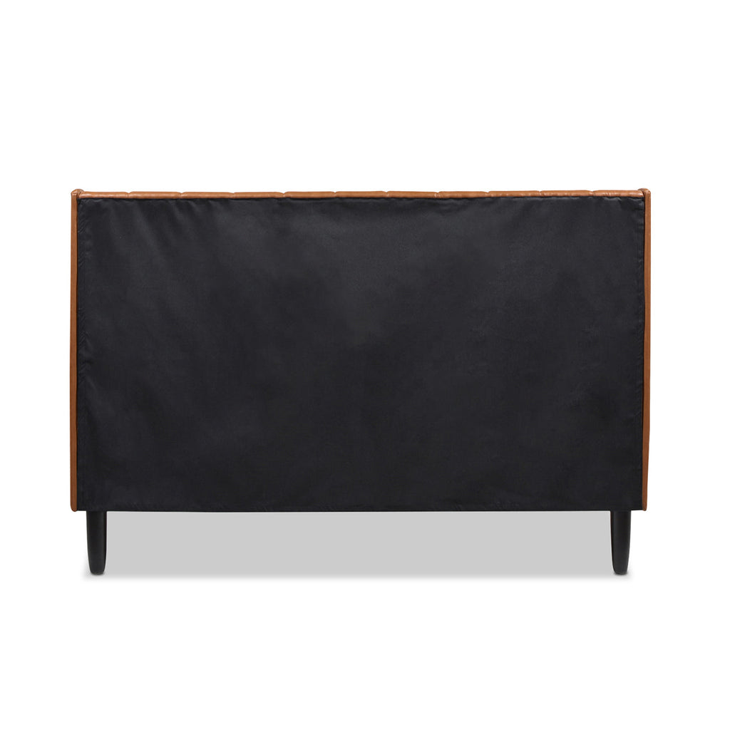 Aspen Vertical Tufted Modern Headboard Platform Bed Set, Queen, Caramel Tan Brown Faux Leather