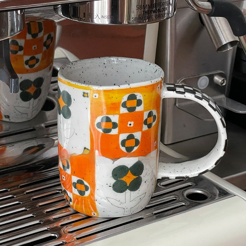 Vintage Underglaze Ink Dot Chessboard Ceramic Mug