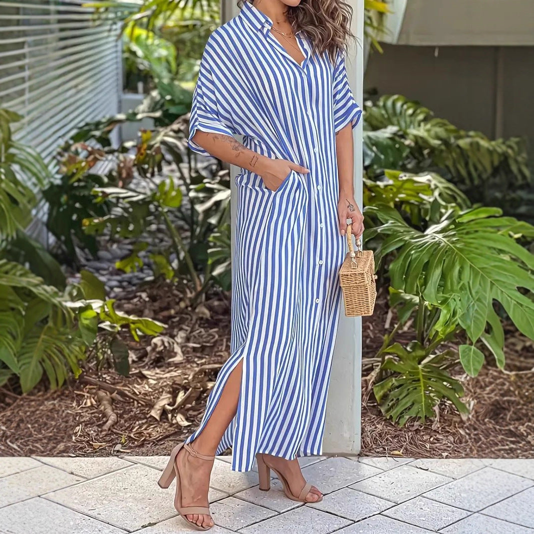 Elegant Casual Striped Shirt Dress - Lightweight 3/4 Sleeve Midi Dress