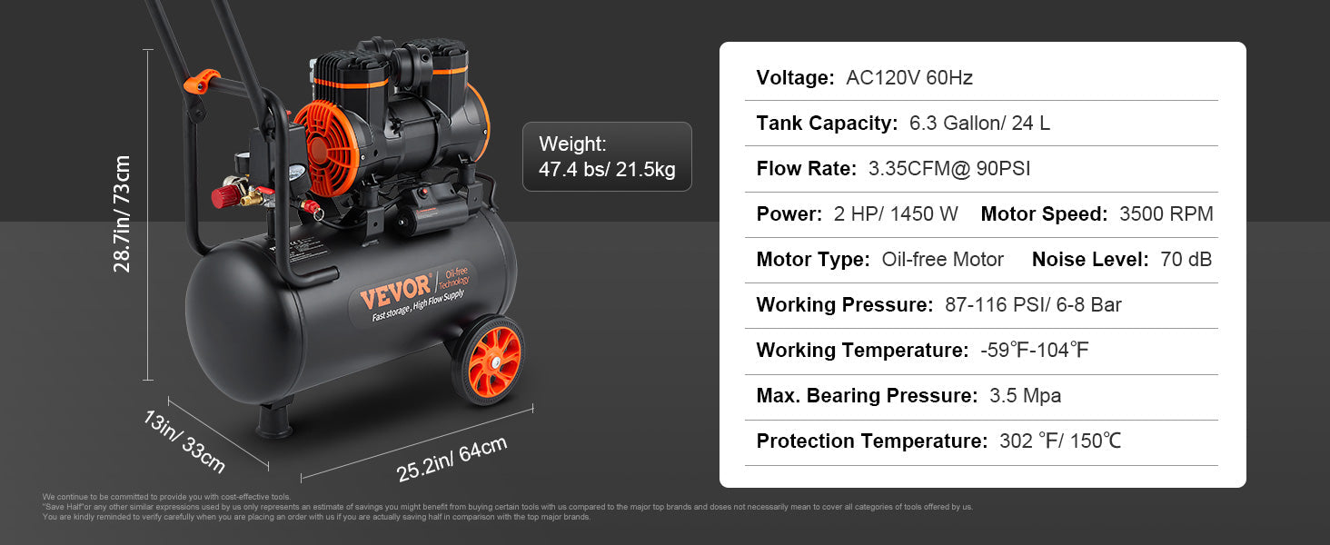 VEVOR Silent Air Compressor 900W 1450W 1800W Quiet Oil-free Portable Air Pump for Home Repair Tire Inflation Whisper Compressor