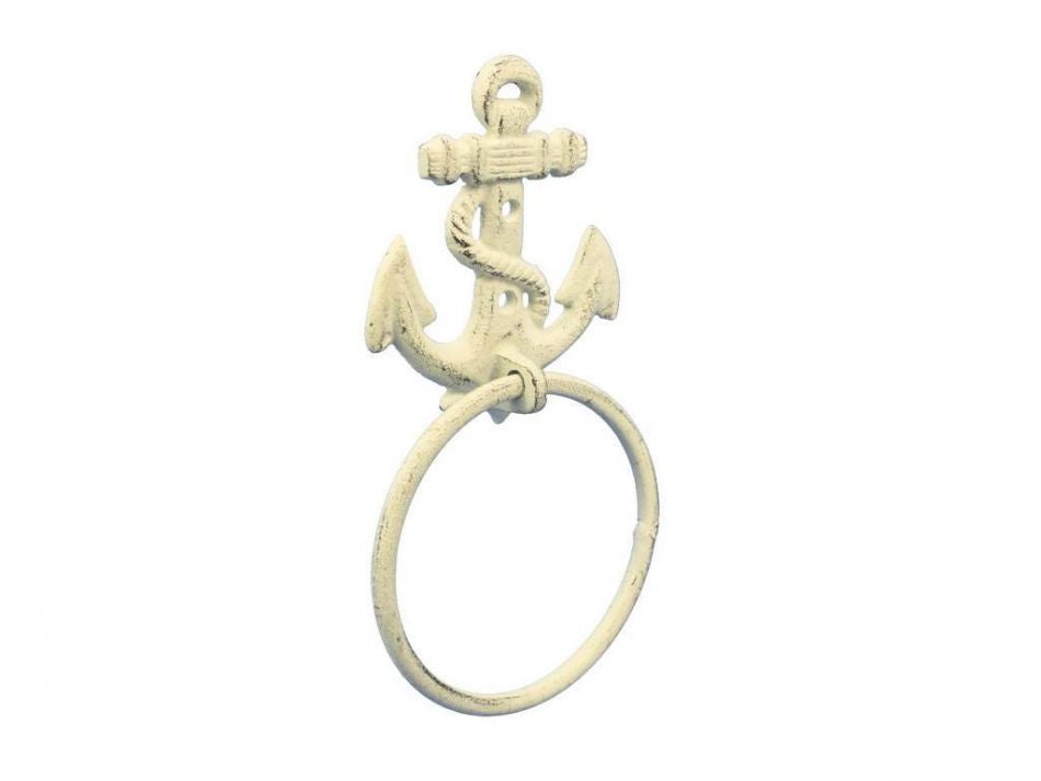 Whitewashed Cast Iron Anchor Towel Holder 8.5""