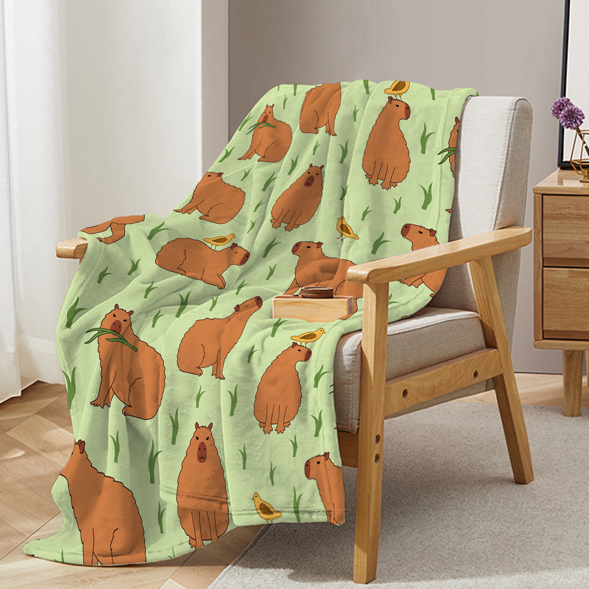 1 Pce Of Flannel Bird And Capybara Combined Pattern Soft And Fluffy Multifunctional Outdoor Beach Camping Living Room Sofa Office Nap Printed Blanket