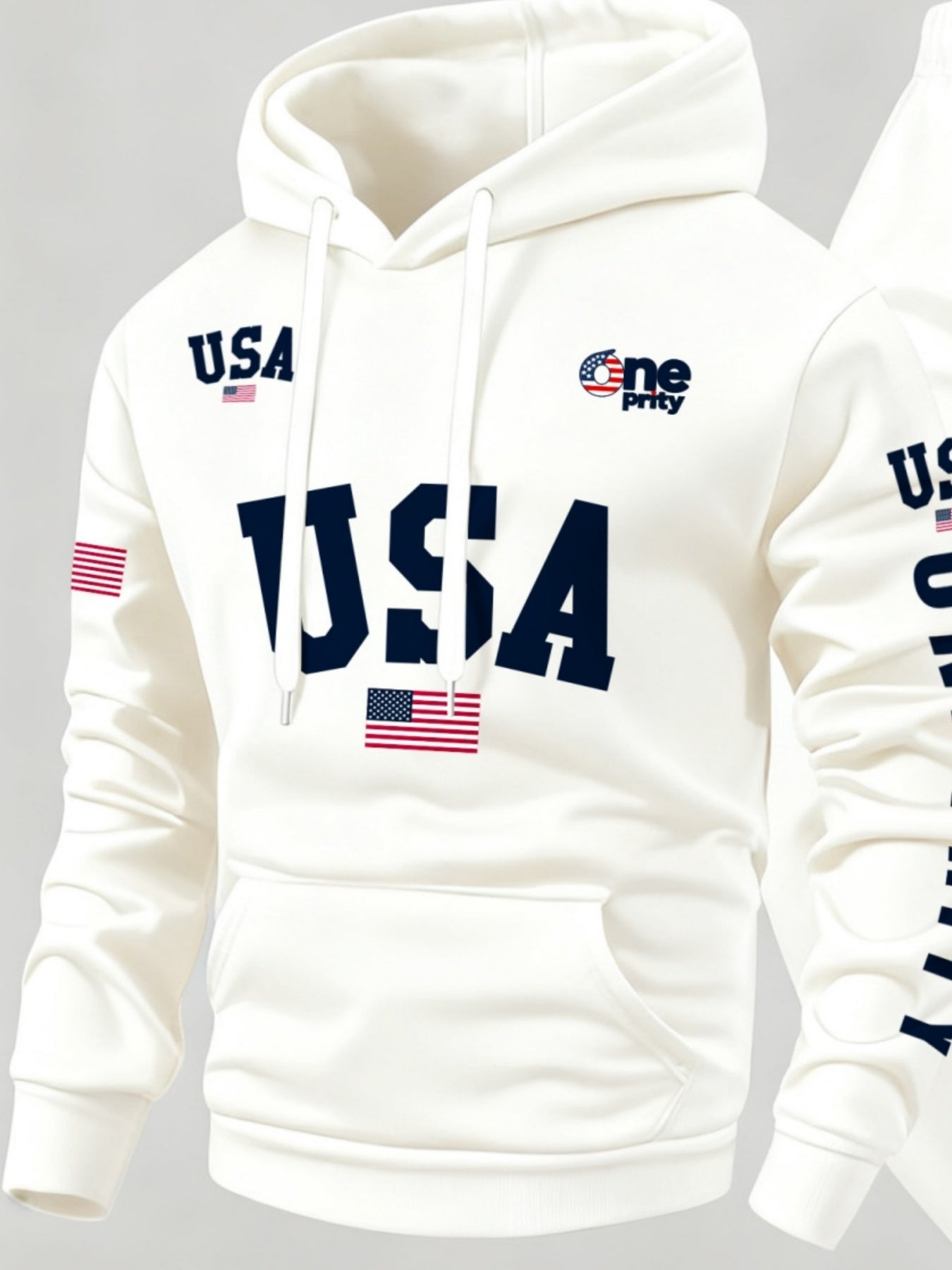 Men'S USA Flag Print Hoodie & Sweatpants Two-Piece Set - White with Red, White & Blue Design, Comfortable Warm Casual Streetwear Outfit, Regular Fit, Long Sleeve