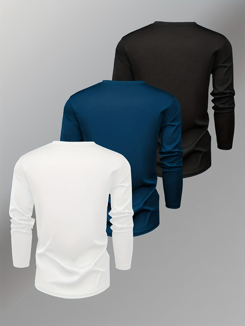 3pcs Men's Navy& Striped Long-Sleeve Tees: Crew Neck, Geometric Flag Pattern. Breathable Quick-Dry, Sweat-Absorbing, Durable Regular Fit. Classic Stylish Sportswear, Comfortable Basic Layer for Home/Daily Wear - Men's Versati
