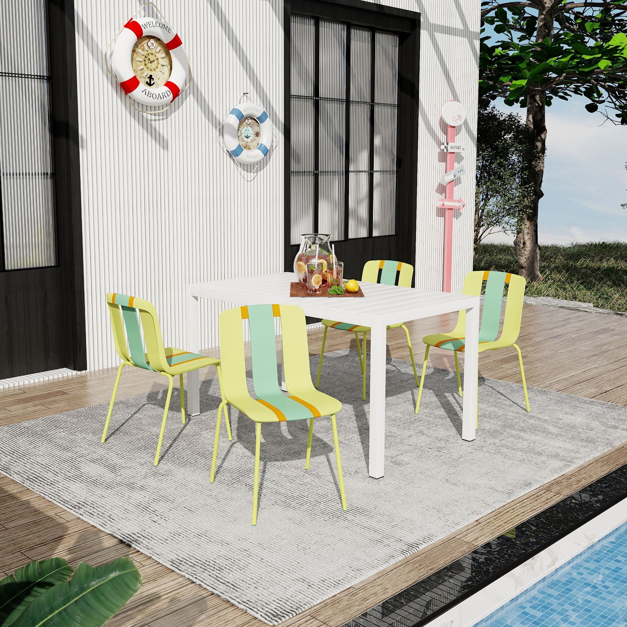 4 Piece Set of Modern Striped Color-Blocking Single Chairs with Long Table