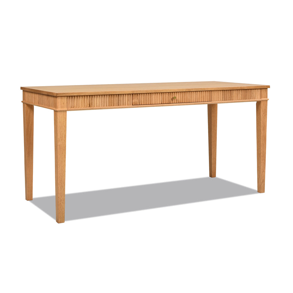 Dumont Modern Farmhouse 1-Drawer Fluted Home Office Writing Desk, Natural Blonde Solid Rubberwood & Rubberwood Veneer