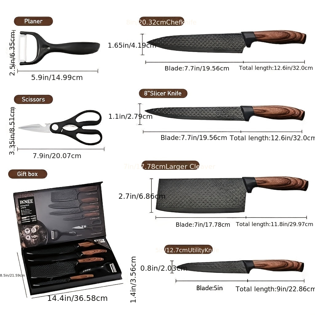 Professional 6pcs Kitchen Knife Set - Chef's Knife, Slicing Knife, Scraper, and Scissors - High Carbon Stainless Steel with Ultra-Sharp Blades, Non-Stick Ergonomic Wooden Handles - Ideal for Home, Travel, and Gift Box Set