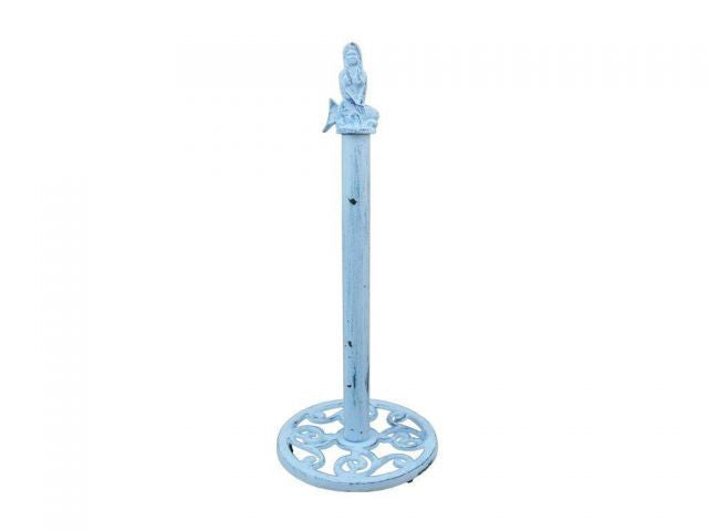 Rustic Dark Blue Whitewashed Cast Iron Mermaid Extra Toilet Paper Stand 16""