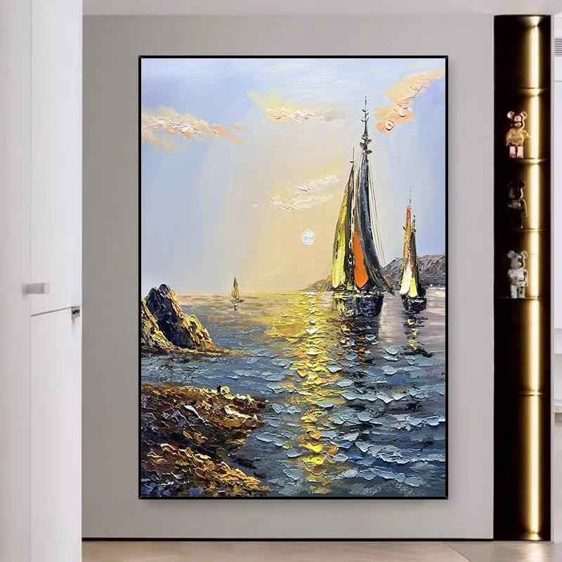 Sea Boat Handmade Painting Artwork Oil Paintings Living Room Canvas Modern Pictures Landscape Wall Art Home Living Room Decor No Framed