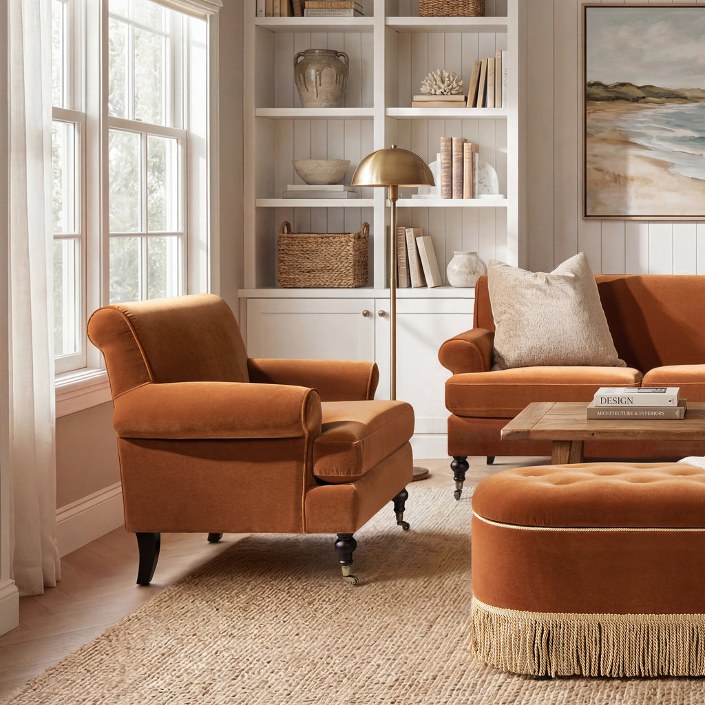 Alana 38' Lawson Accent Arm Chair Metal Casters, Burnt Orange Performance Velvet
