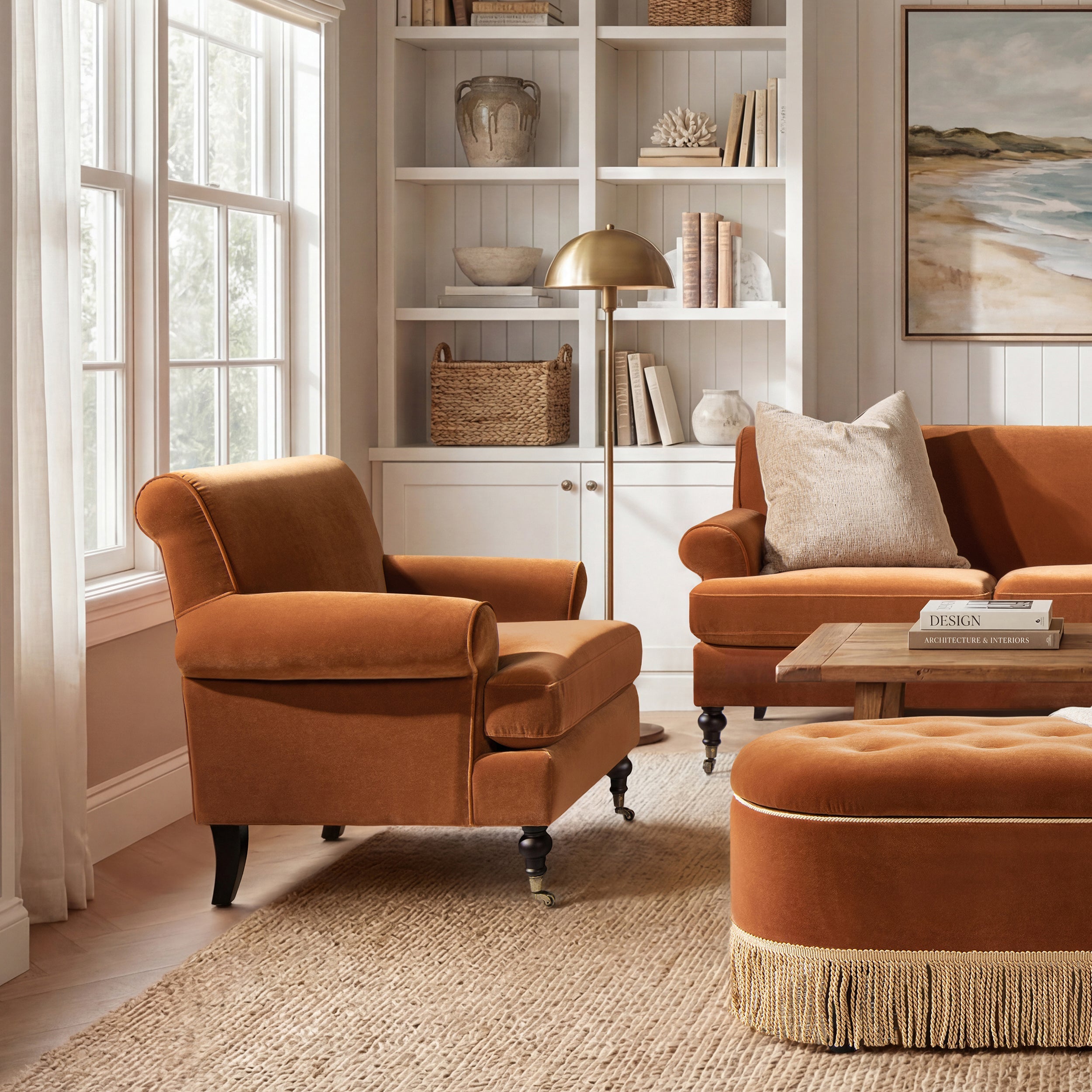 Alana 38' Lawson Accent Arm Chair Metal Casters, Burnt Orange Performance Velvet