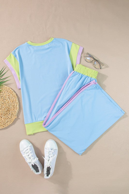 Colorblock Short Sleeve Top & Wide Leg Pants Set