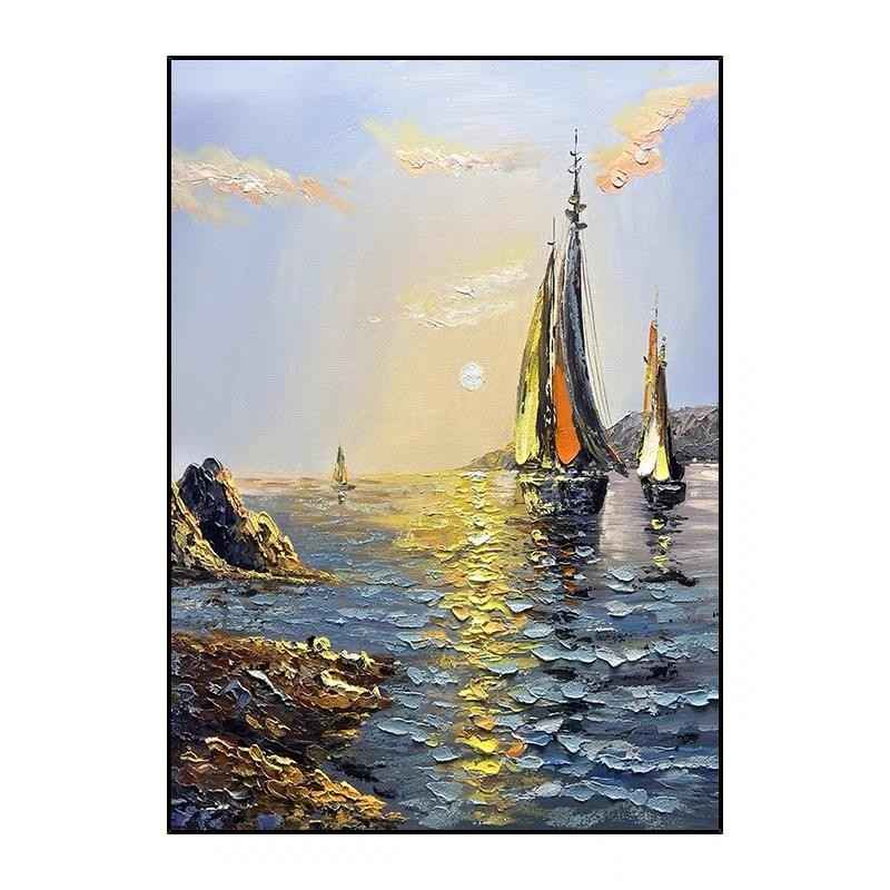 Sea Boat Handmade Painting Artwork Oil Paintings Living Room Canvas Modern Pictures Landscape Wall Art Home Living Room Decor No Framed
