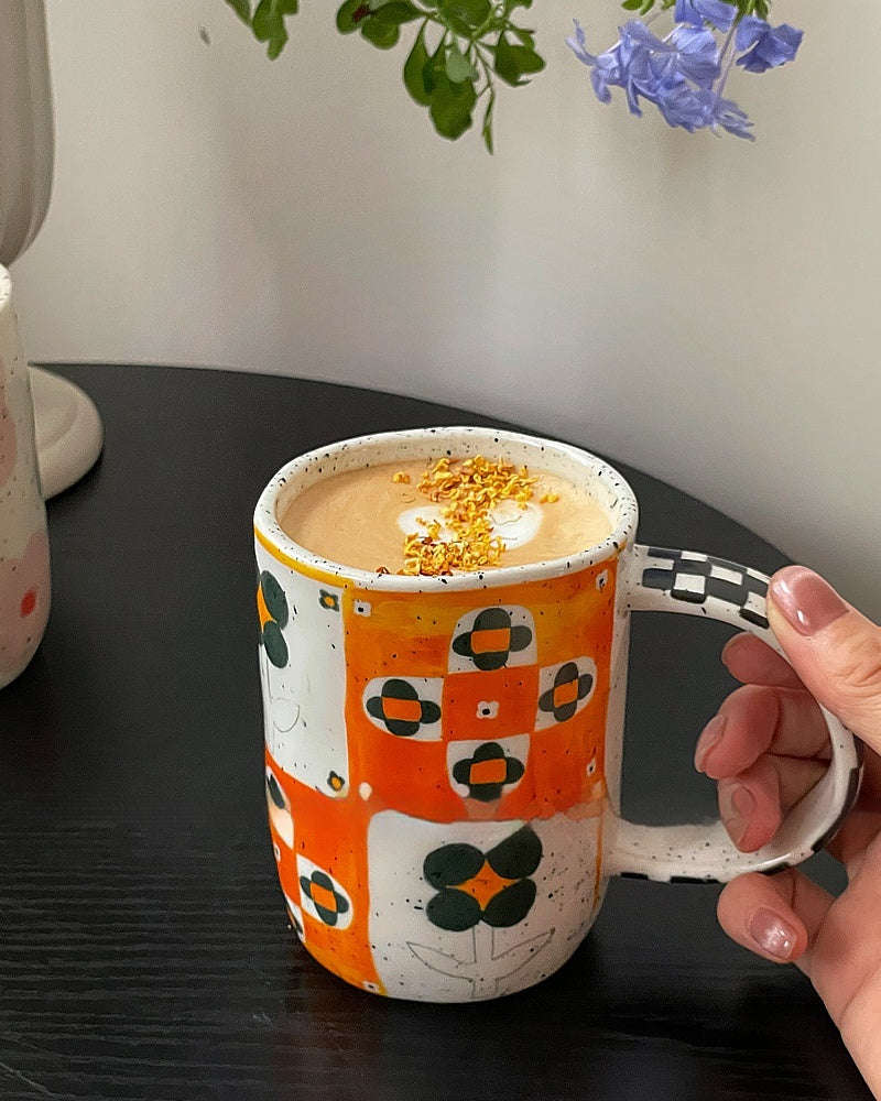 Vintage Underglaze Ink Dot Chessboard Ceramic Mug
