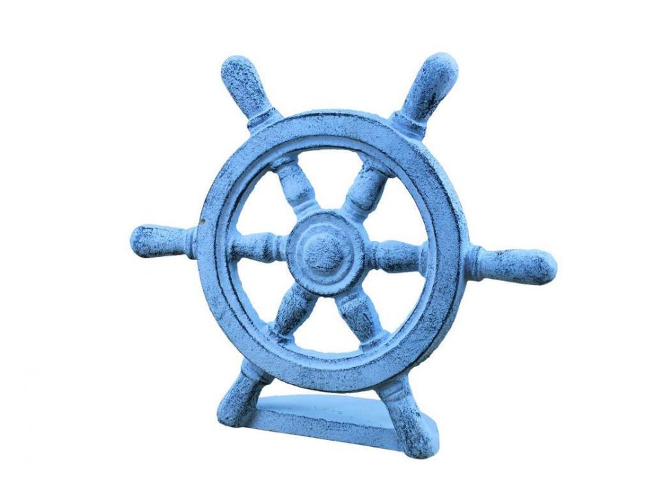 Dark Blue Whitewashed Cast Iron Ship Wheel Door Stopper 9""