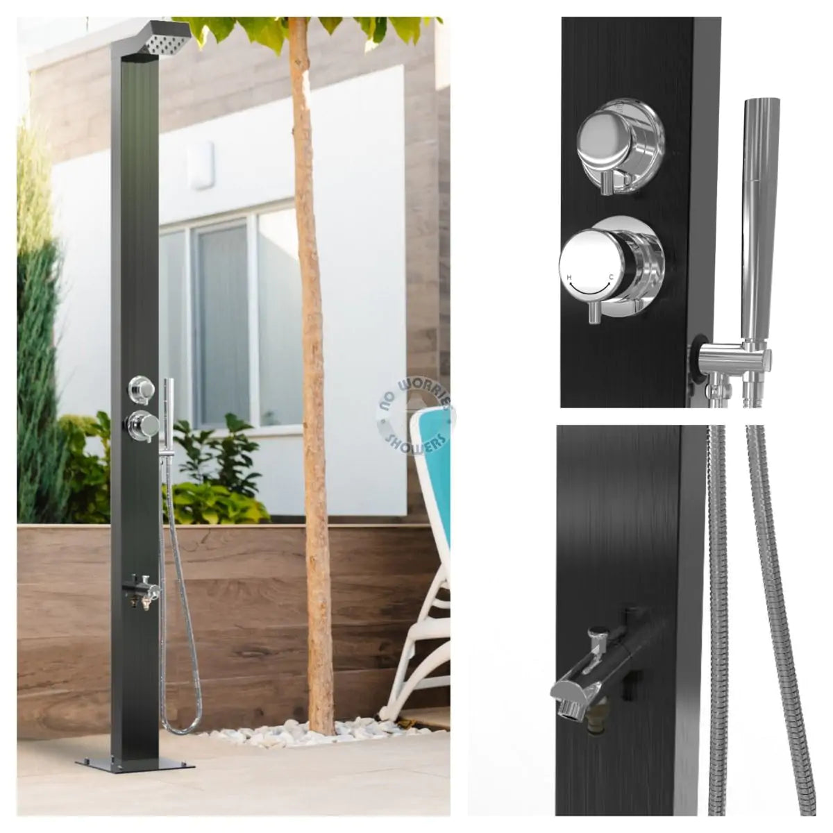 No Worries Showers Bondi Black ADA 316L Marine Grade Stainless Steel Outdoor Pool ShowerTower Panel