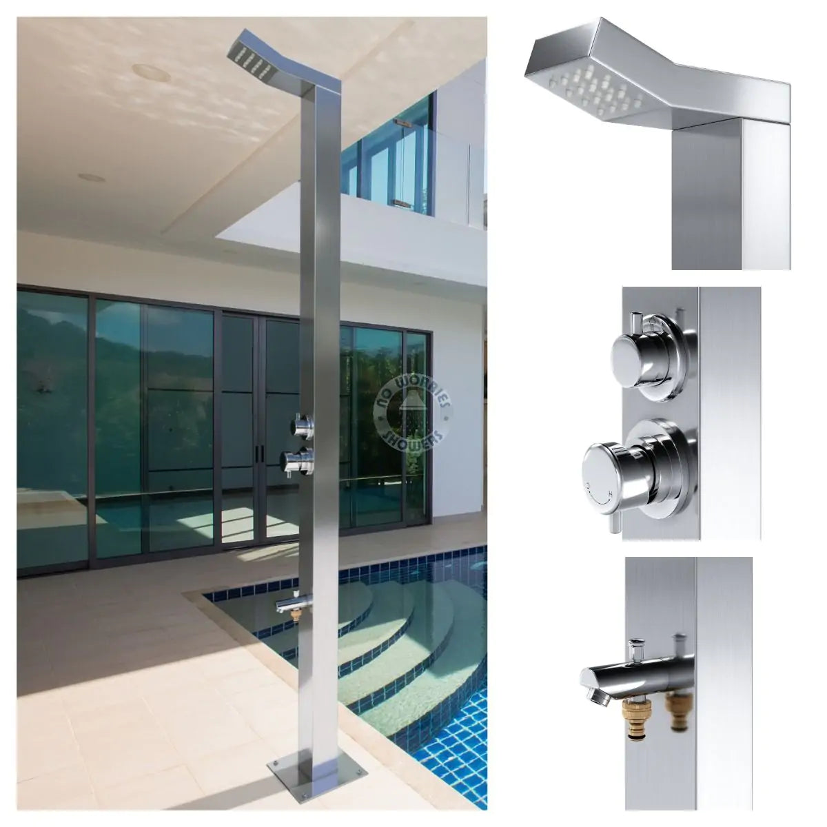 No Worries Showers Bondi Silver 316L Marine Grade Stainless Steel Outdoor Indoor Pool Shower Rinse-Off Shower
