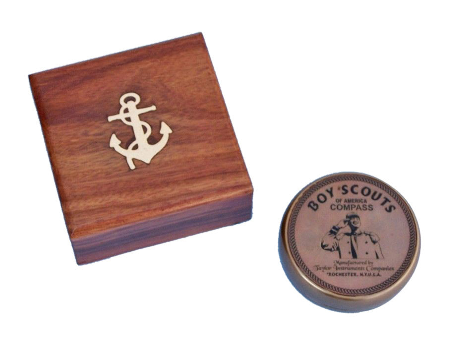 Antique Brass Boy Scout Compass w/ Rosewood Box 3""