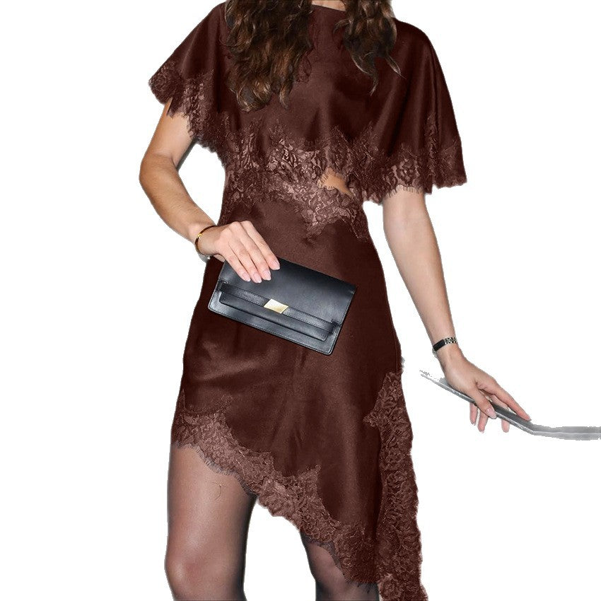 Womens Brown Asymmetrical Lace Dress