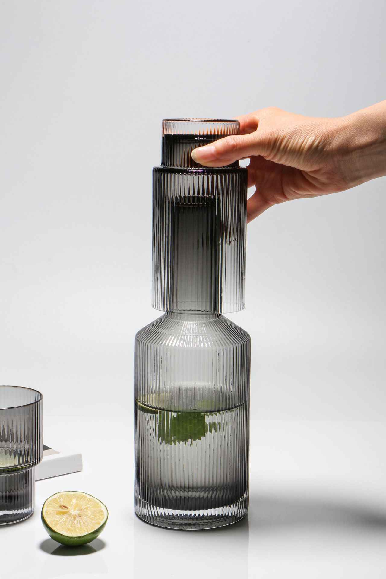 Wholesale Household Ins Japanese Style Simple Dense Ribbed Soot Vertical Stripes Crystal Glass Cold Kettle Water Cup Set
