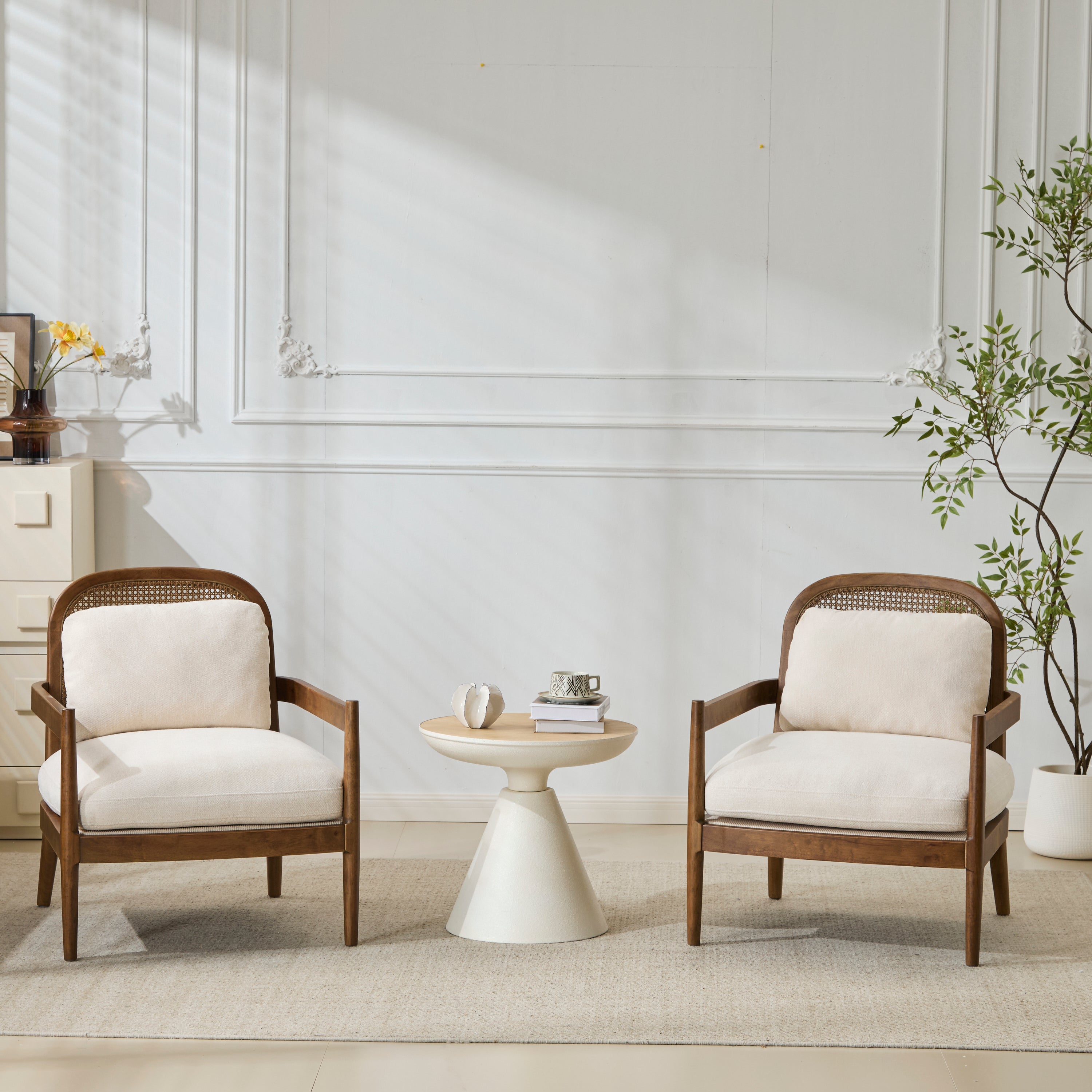 Elliston Rattan Backrest Solid Wood Accent Chair with Cushions - Set of 2