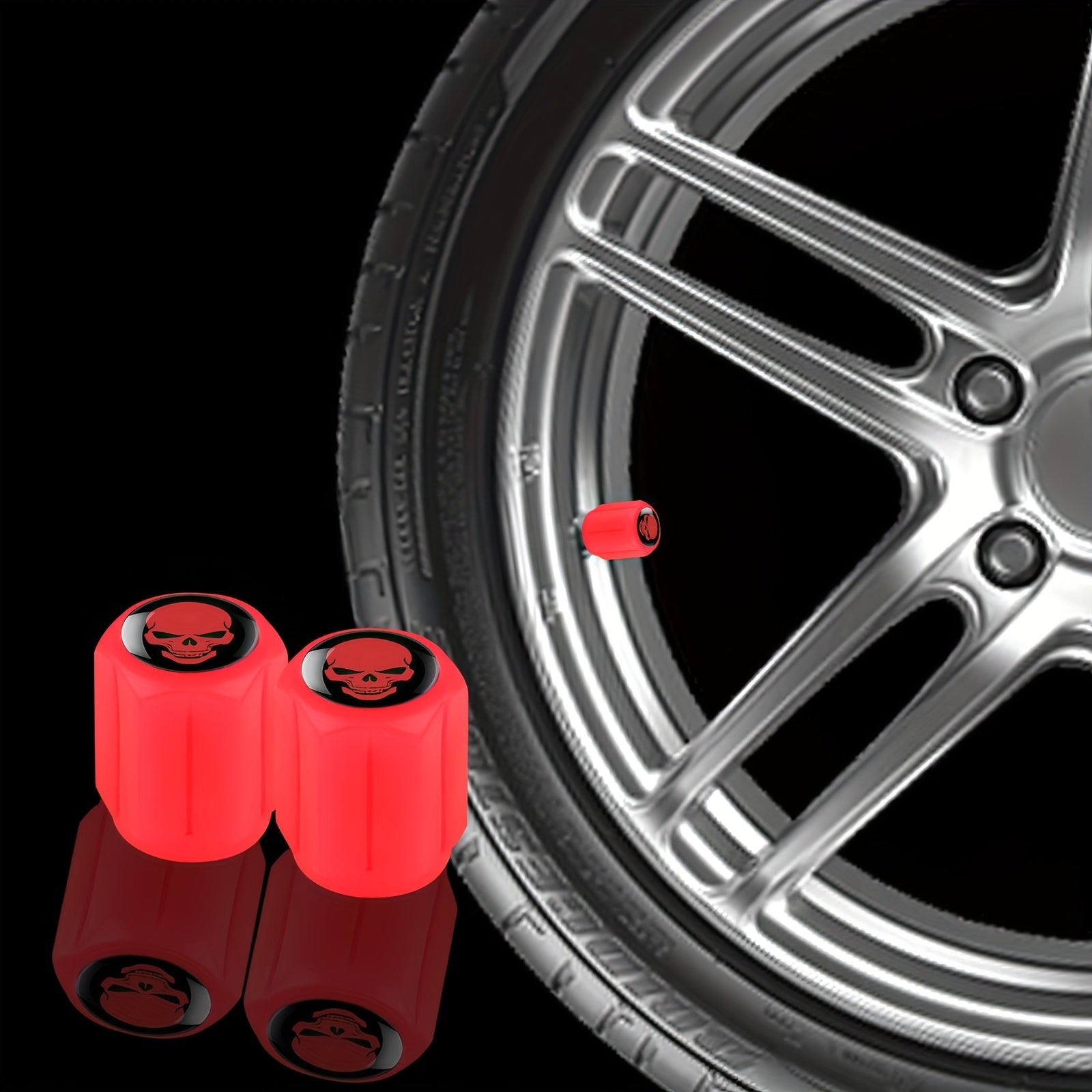 A Collection of Four Glowing Tire Valve Caps Designed to Stop Air from Escaping, Ideal for Vehicles Like Cars, Bikes, And Trucks, Adding a Fashionable Touch