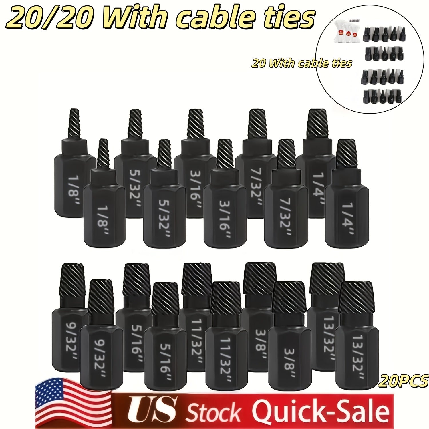 20pcs Industrial Screw Extractor Set: Alloy Steel Damaged Screw Removal Kit, Metal Easy-Out Drill Bits, Broken Bolt Stud Extractor Tools, Multi-Groove Screw Extractor Set, Suitable for Bolt Stud Tubes 1/8"-13/32", Local Wareh
