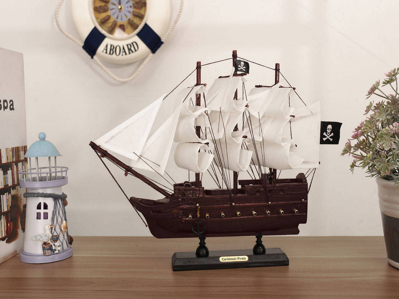 Wooden Caribbean Pirate White Sails Model Pirate Ship 12""