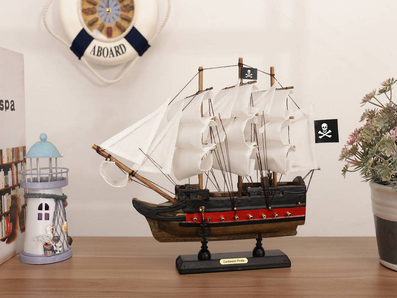 Wooden Caribbean Pirate White Sails Limited Model Pirate Ship 12""