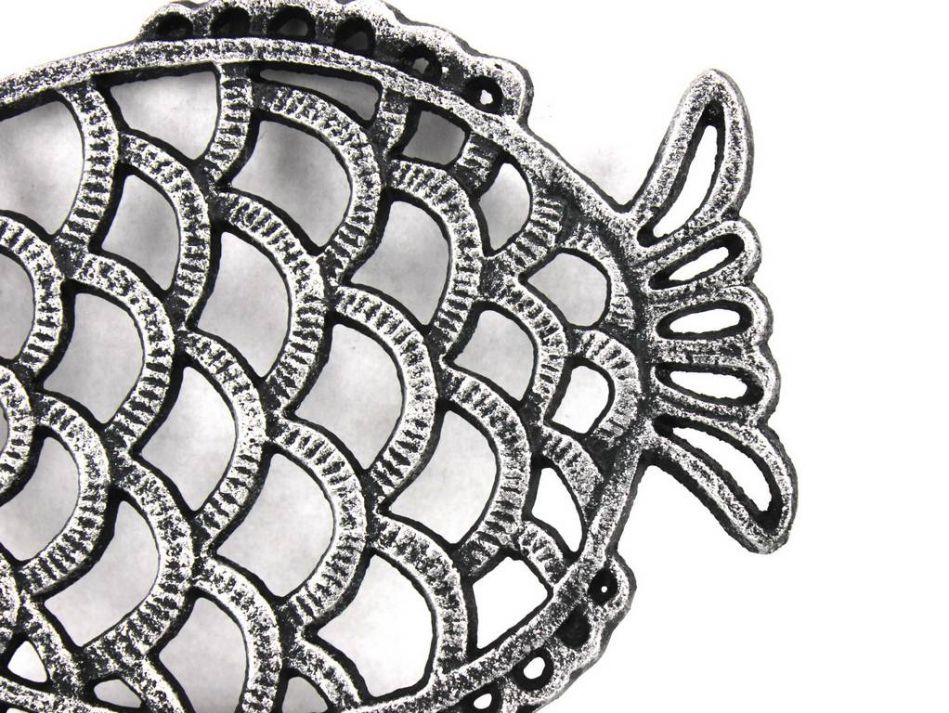 Antique Silver Cast Iron Big Fish Trivet 8""