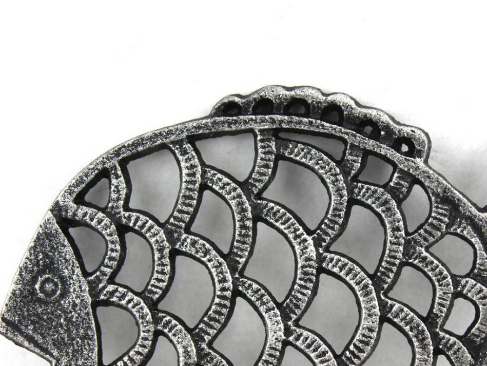 Antique Silver Cast Iron Big Fish Trivet 8""