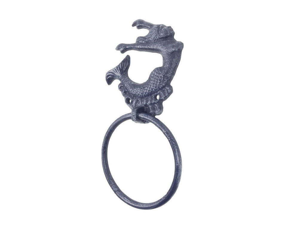 Rustic Dark Blue Cast Iron Arching Mermaid Towel Holder 9""