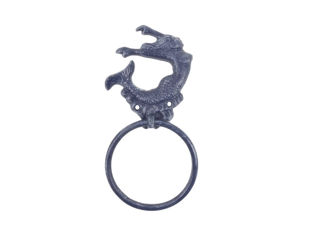 Rustic Dark Blue Cast Iron Arching Mermaid Towel Holder 9""