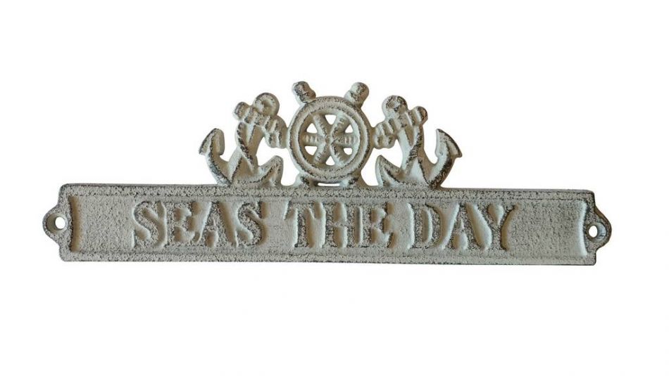Whitewashed Cast Iron Seas the Day Sign with Ship Wheel and Anchors 9""