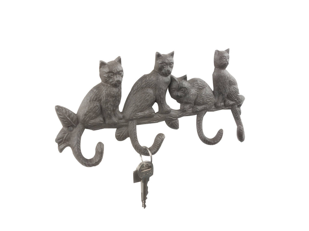 Cast Iron Sitting Cat Family Decorative Metal Wall Hooks 11""