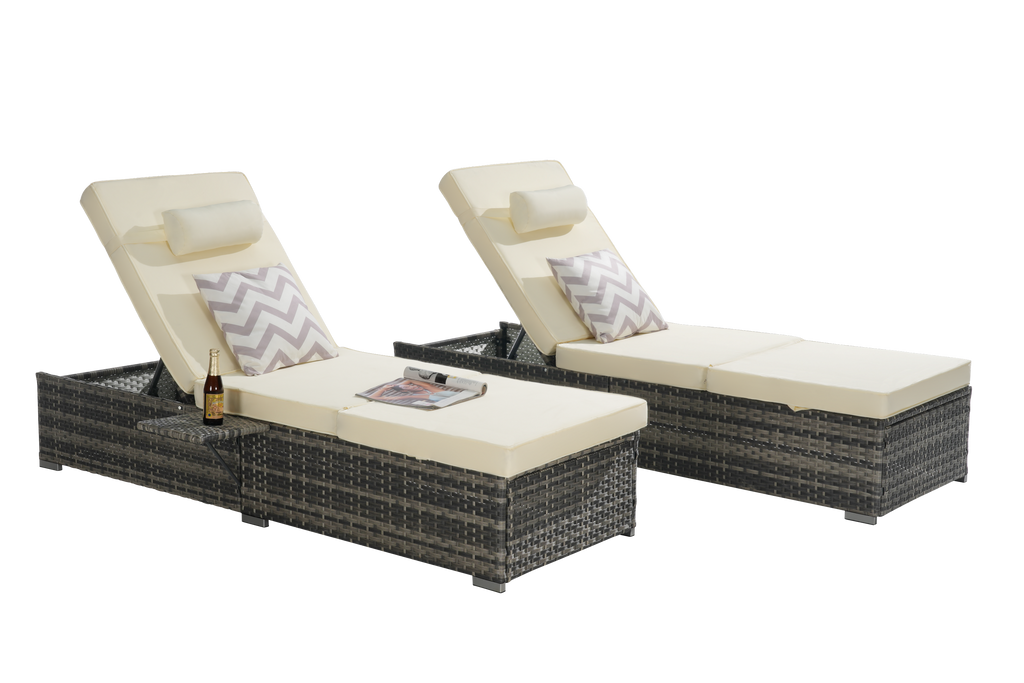 Outdoor Chaise Lounge Chair Set of 2 with Storage and Cushions