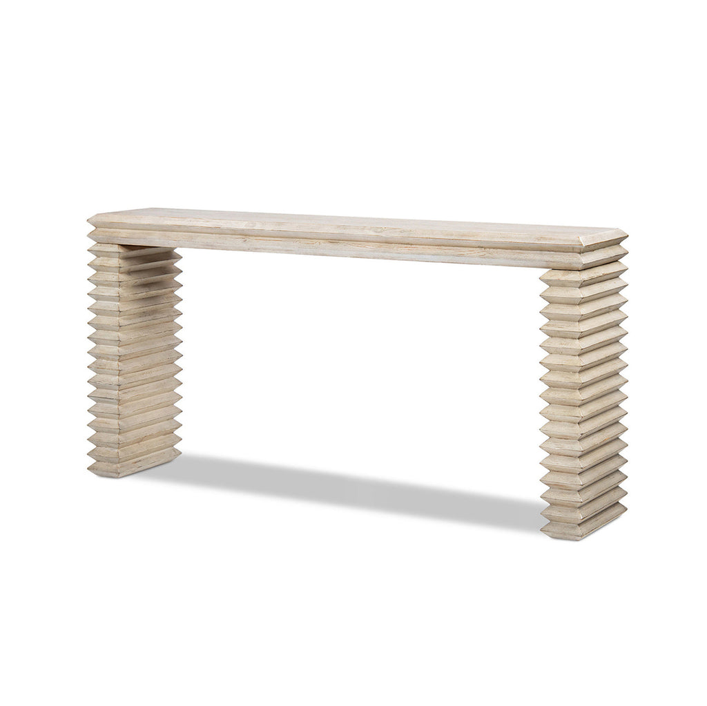 Veda 63' Reclaimed Wood Stacked Geometric Waterfall Console Table, Whitewashed Natural Reclaimed Pine Wood