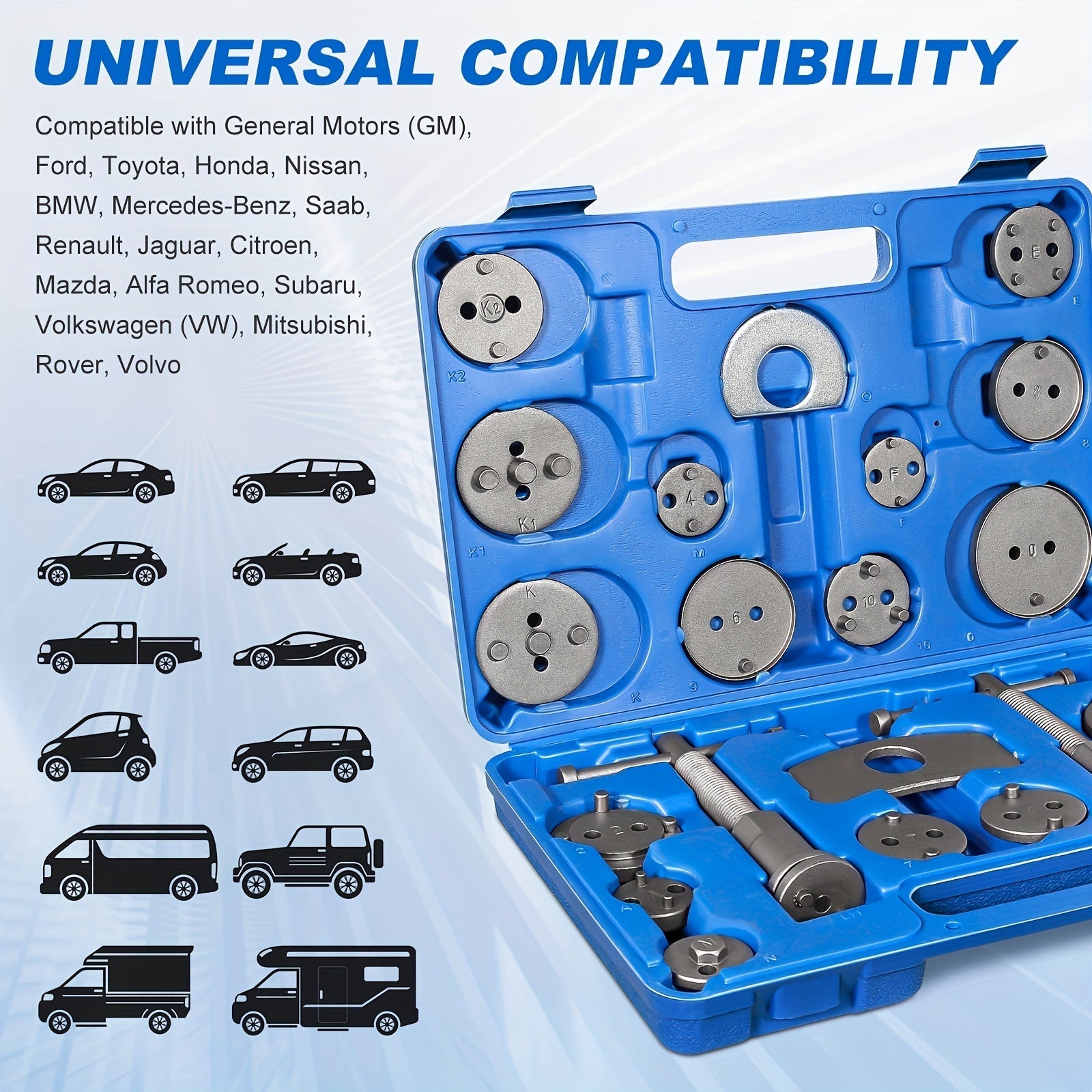 Portable Brake 22pcs. Tool Set Rewind Caliper Pistons, Seal Damage, Brake Pad